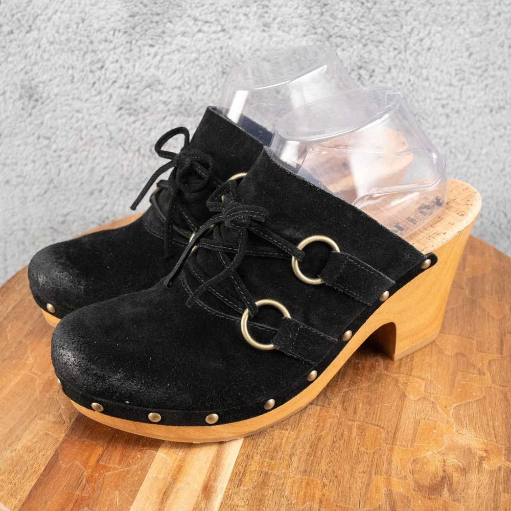 Korks Woodley Black Suede Boho Wooden Platform Clogs Mules Size 10 - Picture 3 of 6